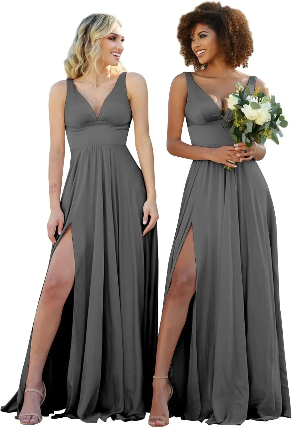 Champagne Gold Bridesmaid Dress – Elegant V-Neck Satin Chiffon Gown for Wedding, Prom & Formal Events