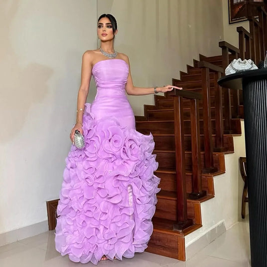 Customized Strapless Organza Flower A-Line Evening Gown – Elegant Pleated Floor-Length Formal Dress - HER SHOP®