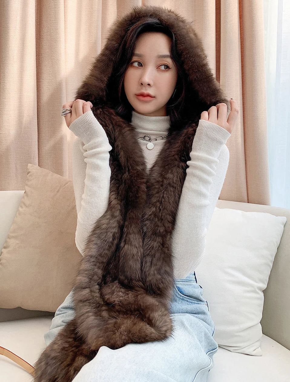 Women’s Real Sable Fur Hat & Scarf Set – 100% Natural Fluffy Winter Warm Knitted Fur Cap & Shawl