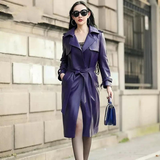 Women's Luxury Genuine Sheepskin Leather Long Trench Coat – Elegant Slim Fit White Belted Windbreaker for Autumn Office - HER SHOP