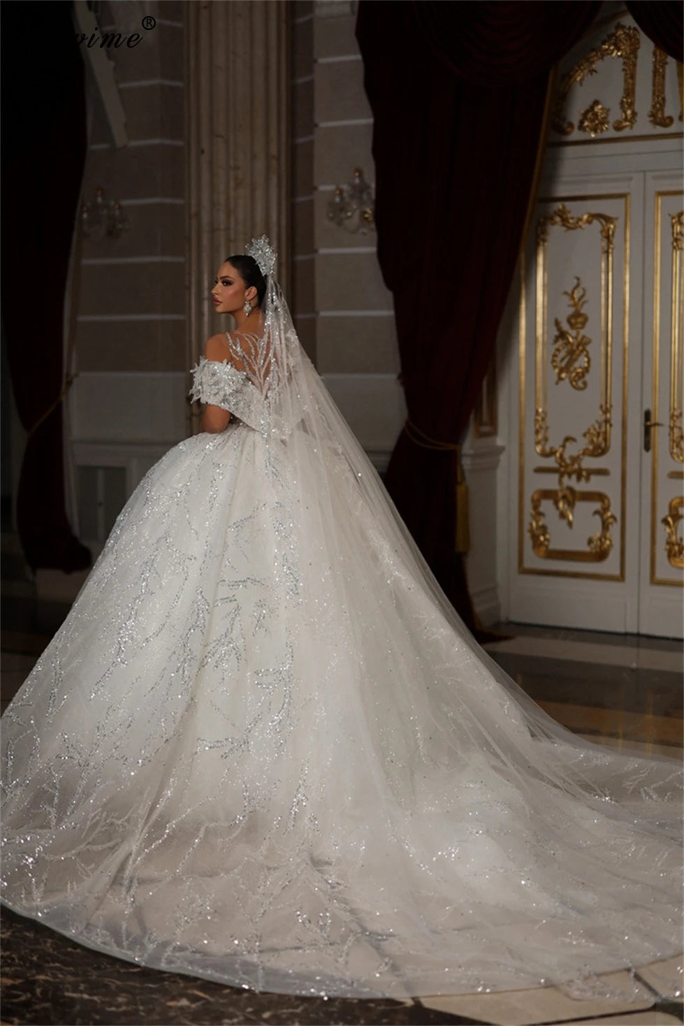 Sparkly Sequined A-Line Wedding Dress | Princess Chapel Train Bridal Gown – Vestido De Casamento