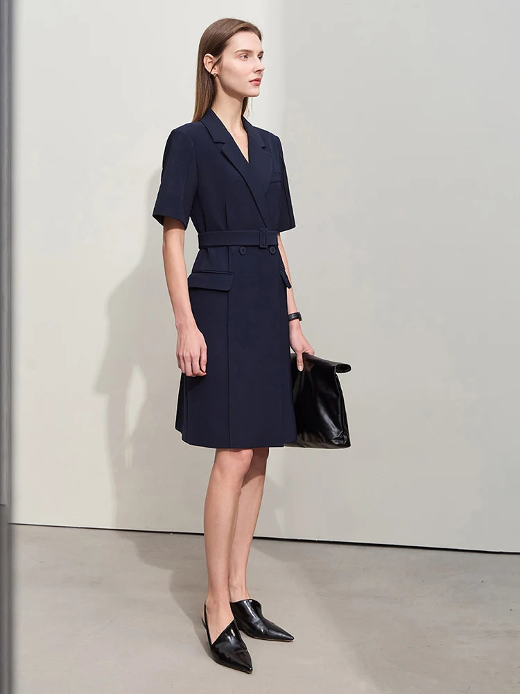 Minimalist Blazer Dress for Women - Spring New, Turn-Down Collar, Belted, Short-Sleeve Toothpick Pleated Dress