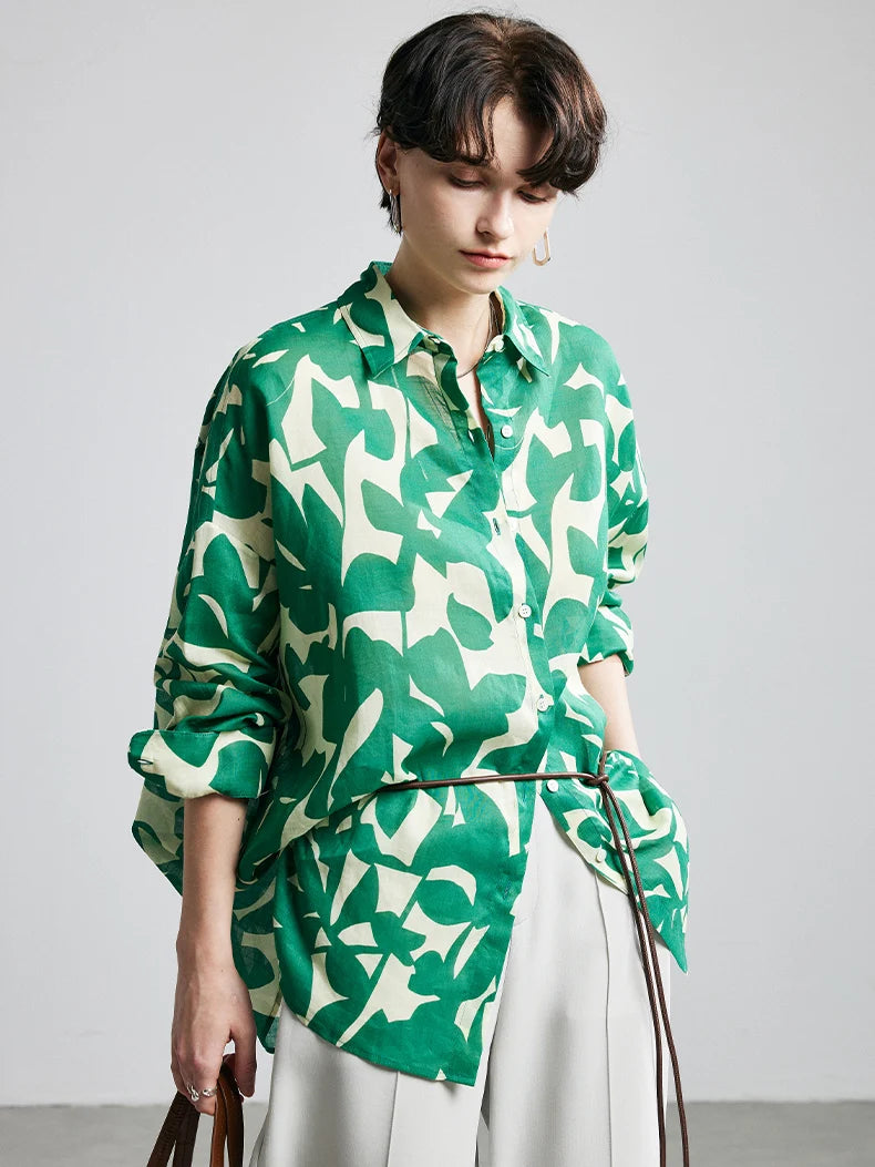 100% Ramie Printed Blouse  -  Women's Turn-Down Collar Shirt in Blue, Green, or Yellow