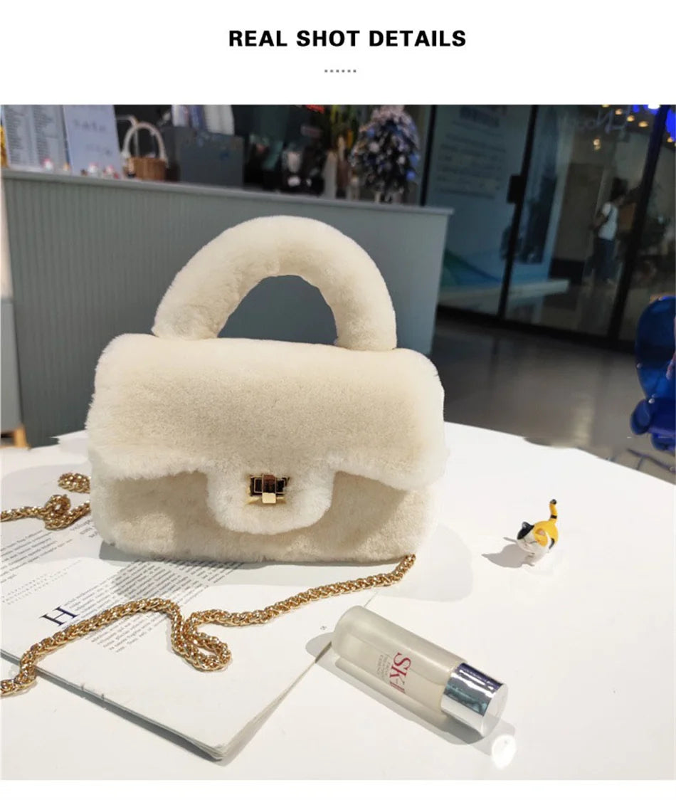 Lamb Fur Women’s Small Handbag – Soft Plush Chain Shoulder Bag & Fluffy Everyday Clutch