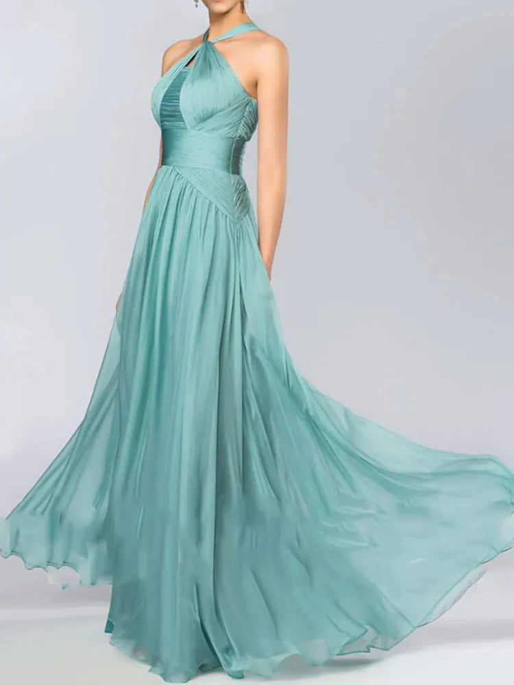 Halter Neck Champagne Bridesmaid Dress – Elegant Chiffon A-Line Floor-Length Gown with Built-in Bra (Customizable)