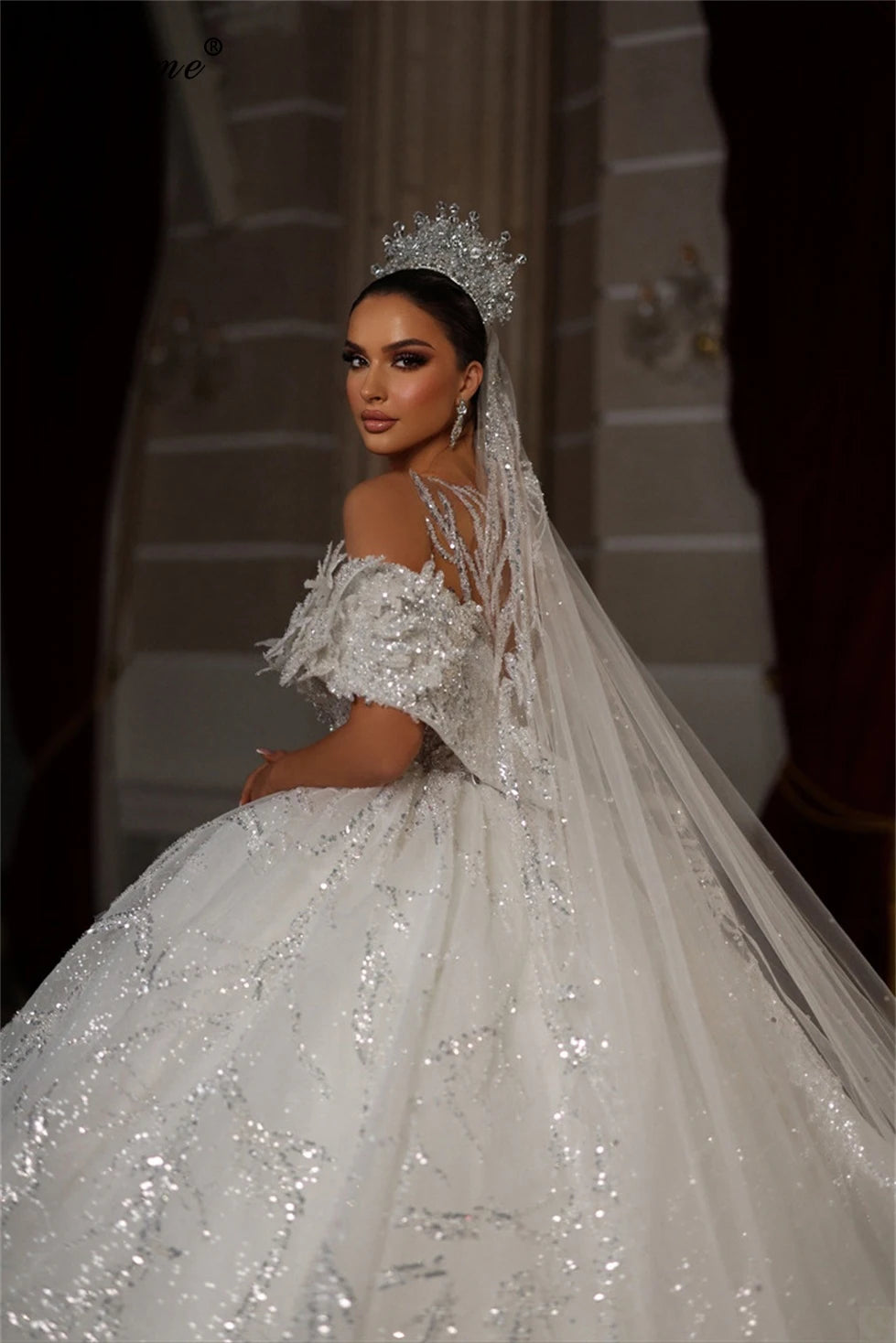 Sparkly Sequined A-Line Wedding Dress | Princess Chapel Train Bridal Gown – Vestido De Casamento