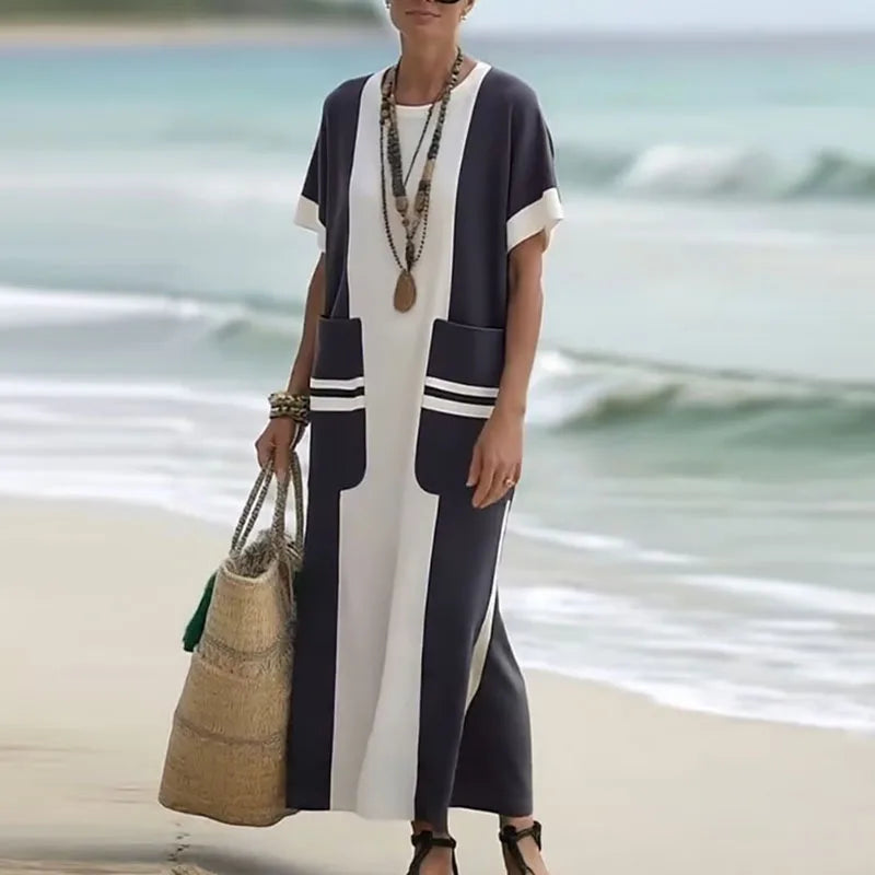 Retro Contrast Color Maxi Dress – Elegant O-Neck Short Sleeve Boho Vacation Dress with Side Slit for Women