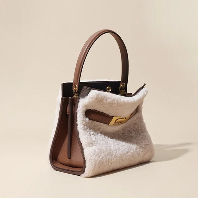 2025 Winter Fashion Women's Handbag — Fluffy Wool Fur Lambswool Tote with Real Leather Flap, Small Shoulder Bag in Khaki