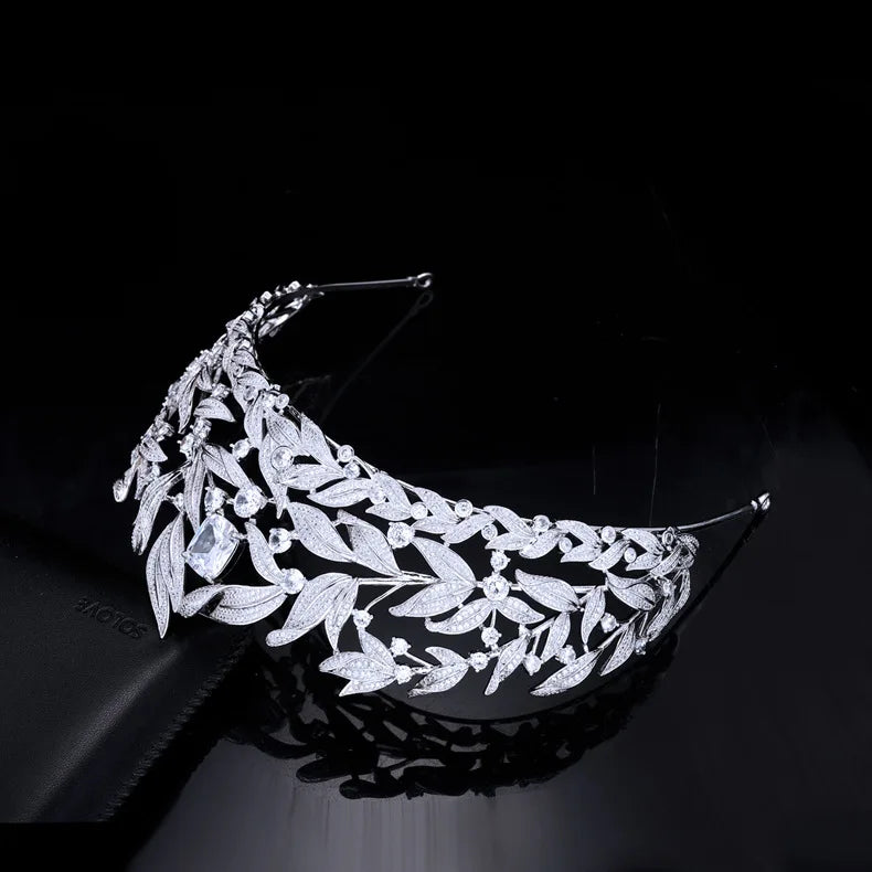 Cubic Zirconia Leaf Tiara – Bridal Crown Headband for Brides, Princess or Queen Style Wedding Hair Accessories