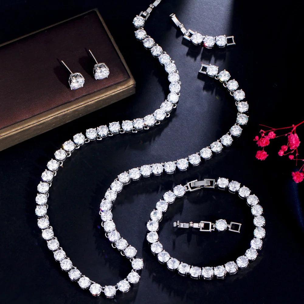 Shiny White CZ Crystal Tennis Wedding Jewelry Set – Choker Necklace, Earrings, and Bracelet (3-Piece Set)