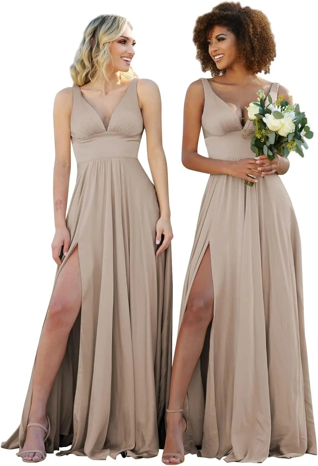 Champagne Gold Bridesmaid Dress – Elegant V-Neck Satin Chiffon Gown for Wedding, Prom & Formal Events