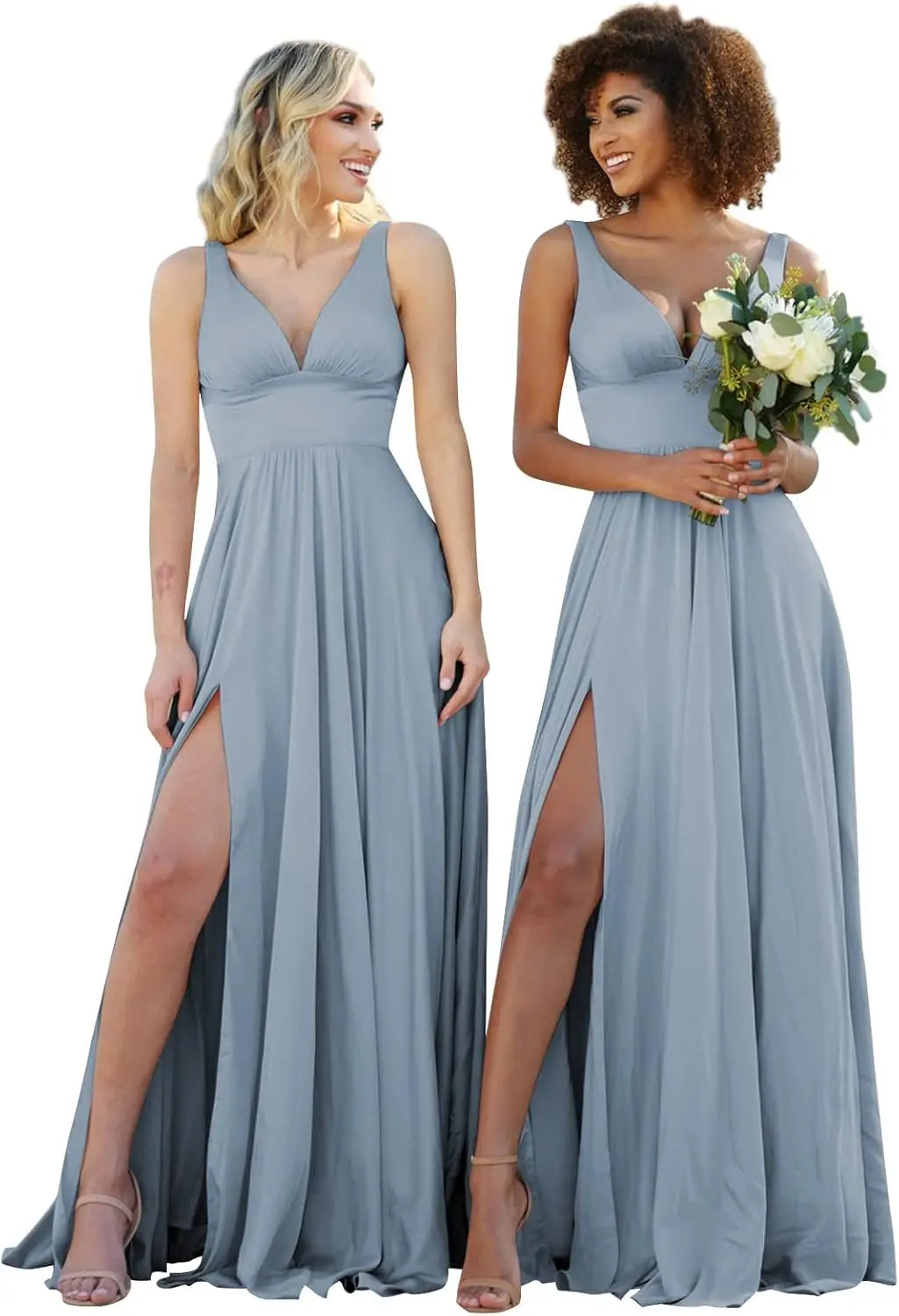 Champagne Gold Bridesmaid Dress – Elegant V-Neck Satin Chiffon Gown for Wedding, Prom & Formal Events