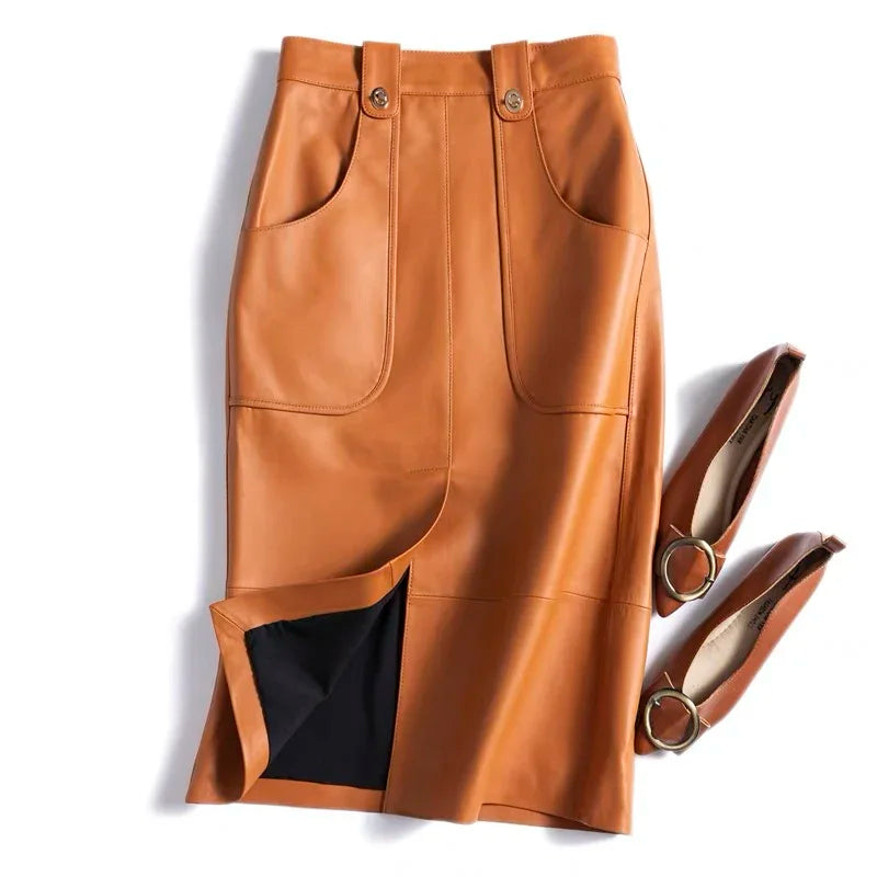 Fashion New Genuine Leather Office Lady for Women Sheepskin Elastic Waist Wrap Long Faldas Mujer Mid Length Front Slit Pocket - HER SHOP
