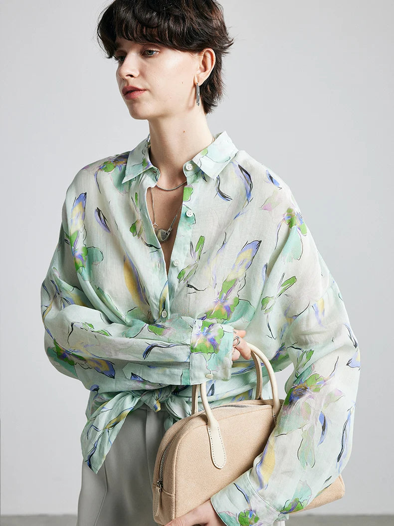 100% Ramie Printed Blouse  -  Women's Turn-Down Collar Shirt in Blue, Green, or Yellow