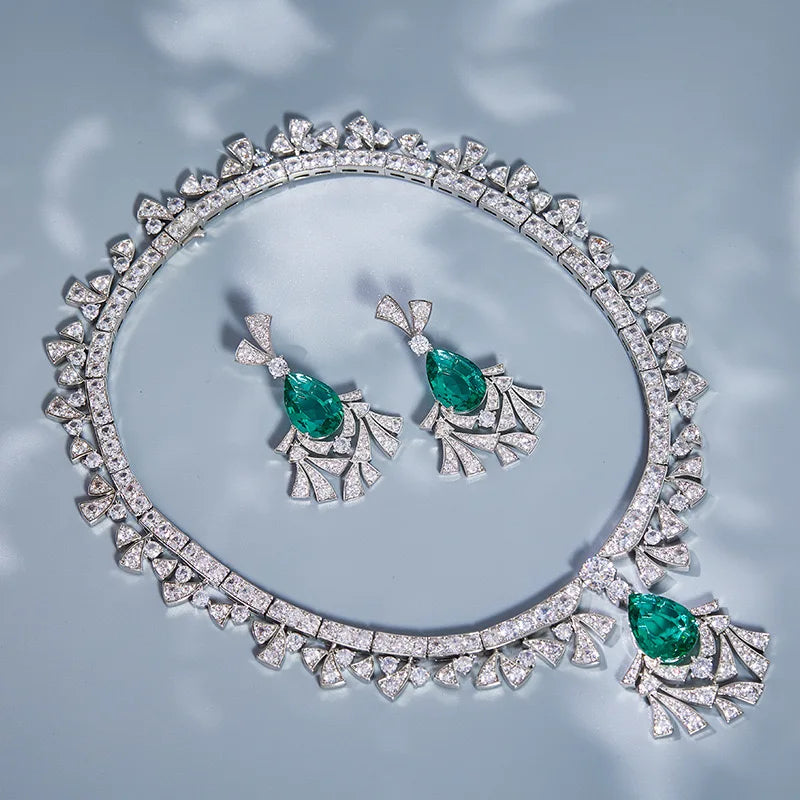 Luxury Green Zircon Necklace & Drop Earrings Set AAA Designer Jewelry for Women | Wedding & Evening Dress Accessories