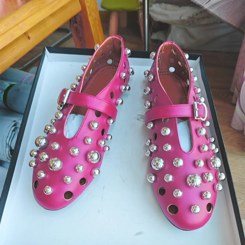 New Rivet Round Head Flat Shoes Orange Leather Sandal Buckle Ballet Sandal Silver Hollow Mary Jane Shoes Lipstick Key Bag 34-45