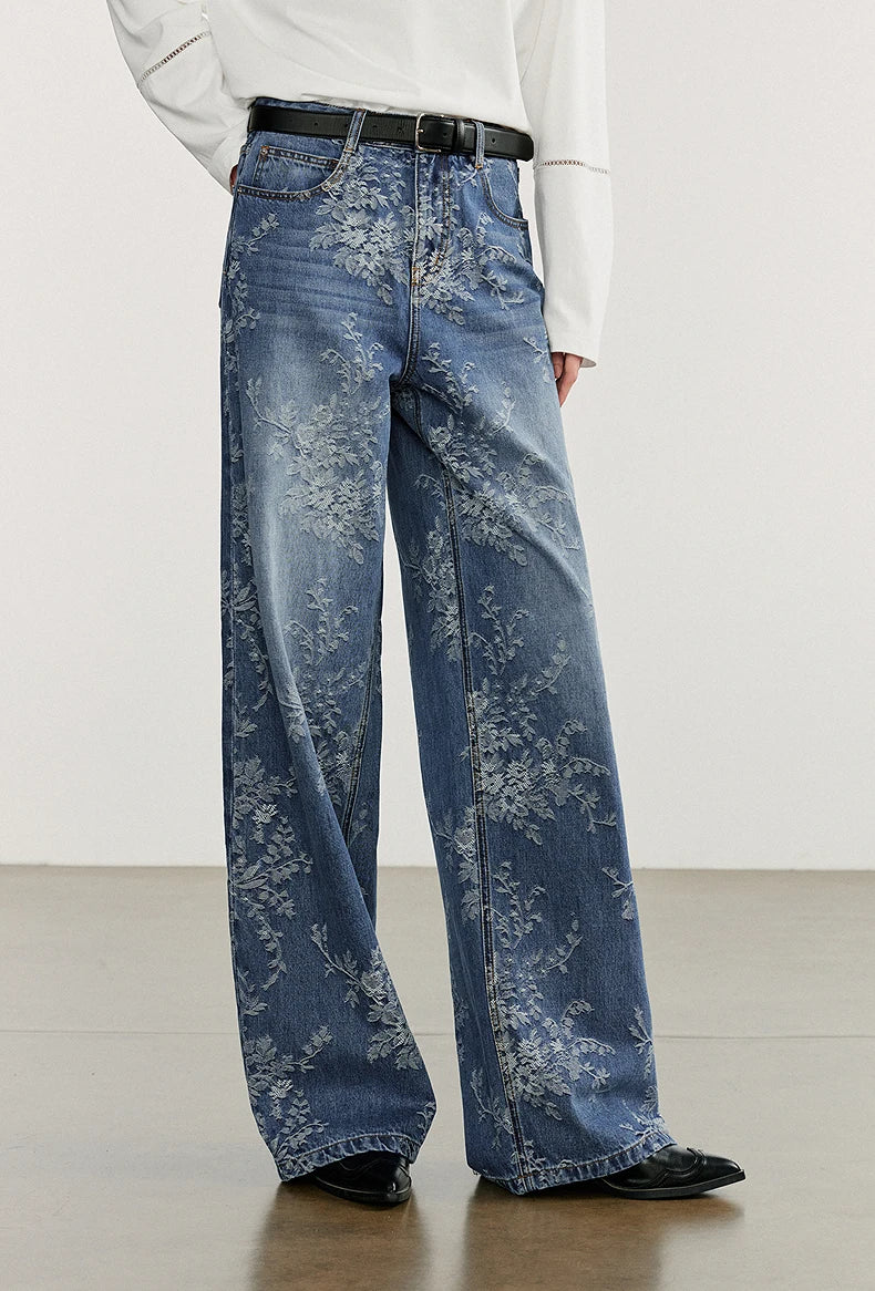 Women’s Cotton Denim Wide-Leg Pants – Autumn Jacquard Straight Jeans | High Street Cowboy Style