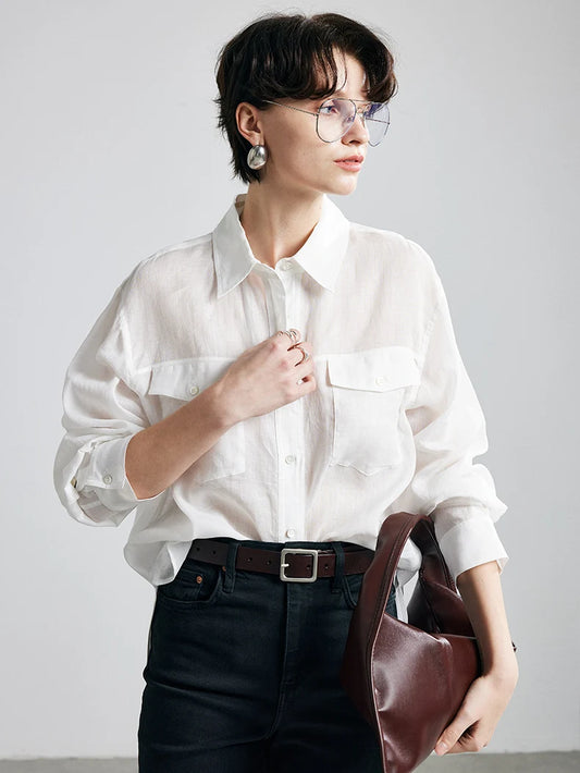 100% Ramie Loose-Fit Blouse  -  Women's Turn-Down Collar Shirt with Double Chest Pockets - HER SHOP