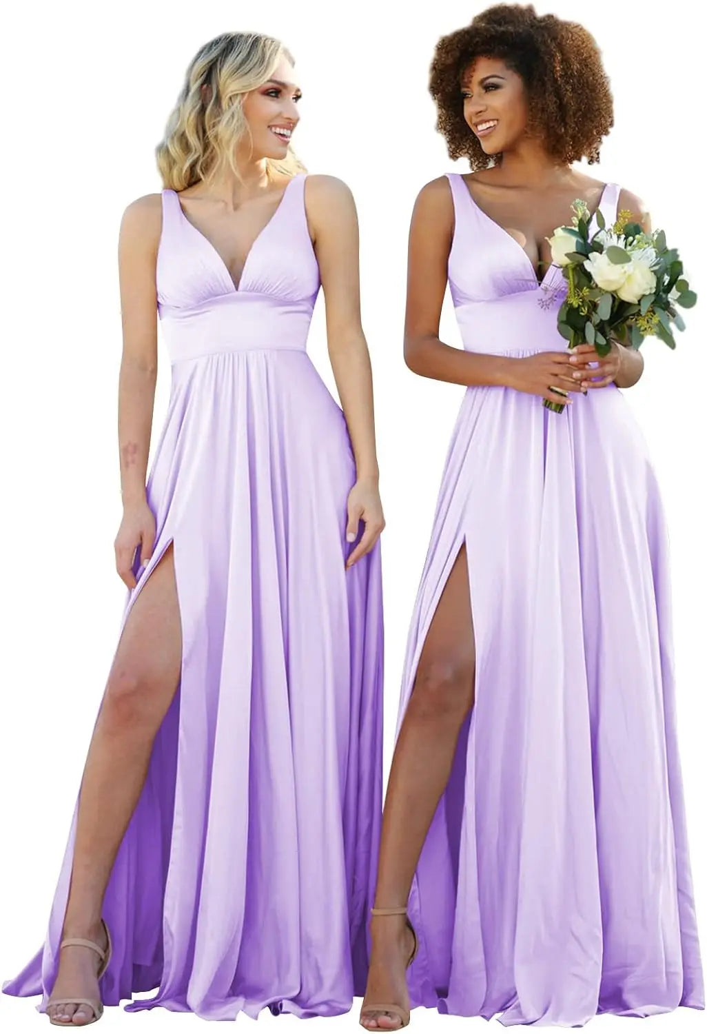 Champagne Gold Bridesmaid Dress – Elegant V-Neck Satin Chiffon Gown for Wedding, Prom & Formal Events