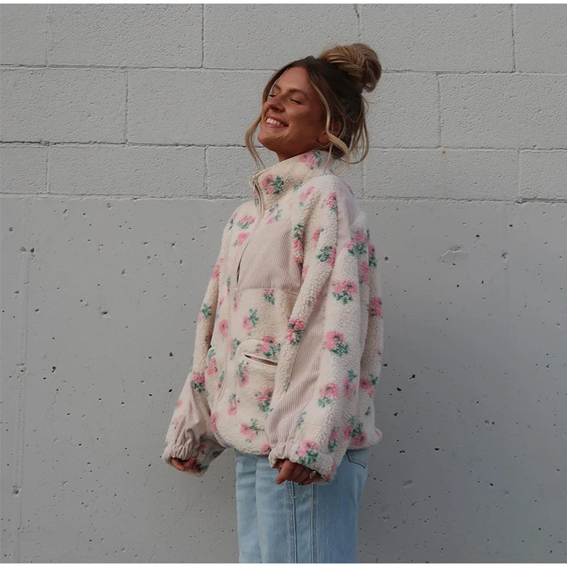 Retro Printed Plush Zipper Short Jacket Women Casual Loose High Neck Pocket Jackets Coat Lady 2025 Versatile Chic Street Outwear