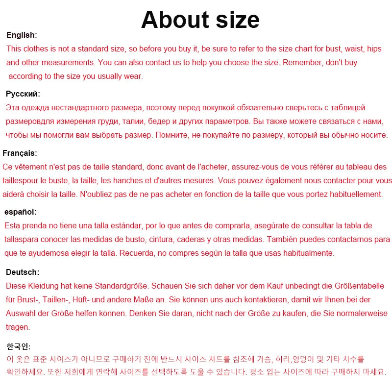 Text instructions on size chart and measurement guide for clothing, displayed in multiple languages.