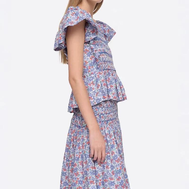 2030 Summer Retro Floral Square Neck Puff Sleeve Top, Skirt, and Dress for Women
