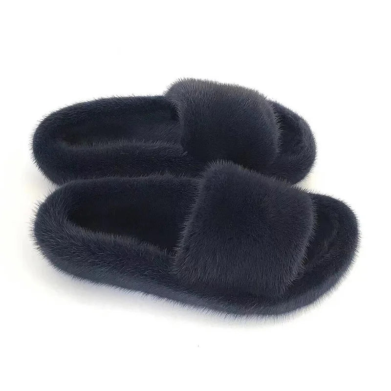 Luxury Real Mink Fur Slippers for Women – Summer Flat Slides with Plush Fur and Sheepskin Insole