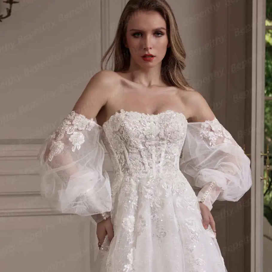 Customized Strapless A Line Off Shoulder Long Sleeves Bride Ivory Wedding Dresses Glitter Court Train Bridal Gown 2025