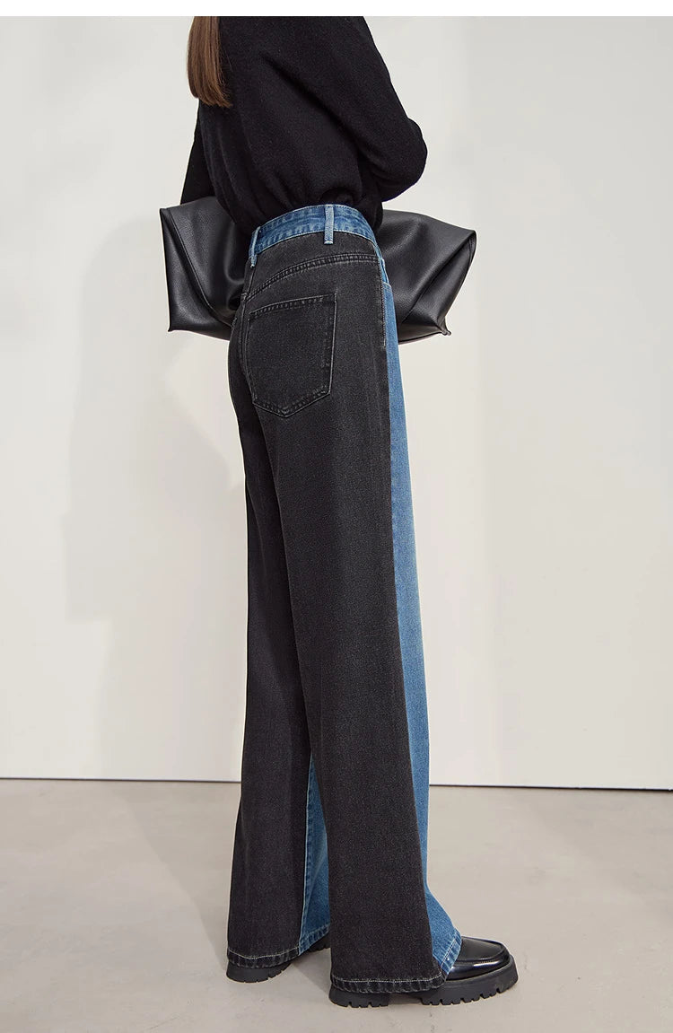 Retro Patchwork Wide-Leg Denim Jeans – Casual Loose Fit Women’s Pants