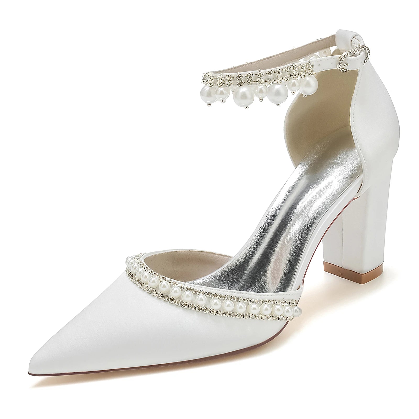 Elegant Satin Evening Pumps with Thick Block Heel, Pearls & Ankle Strap  -  Bridal, Prom, Party Shoes
