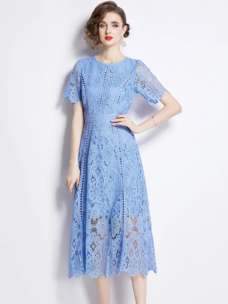 High-End Lace Hollow Out Summer Dress Women's Runway Embroidery Design Vintage Elegant Short Sleeve Dresses