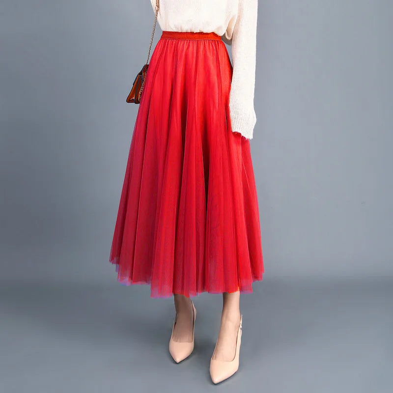 Elegant Beige Tulle Maxi Skirt – High Waist A-Line Mesh Long Skirt for Women