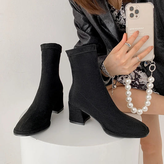2026 new autumn winter women ankle boots 22-24.5cm stretch flannel square toe thick high heel skinny boots fashion short boots - HER SHOP