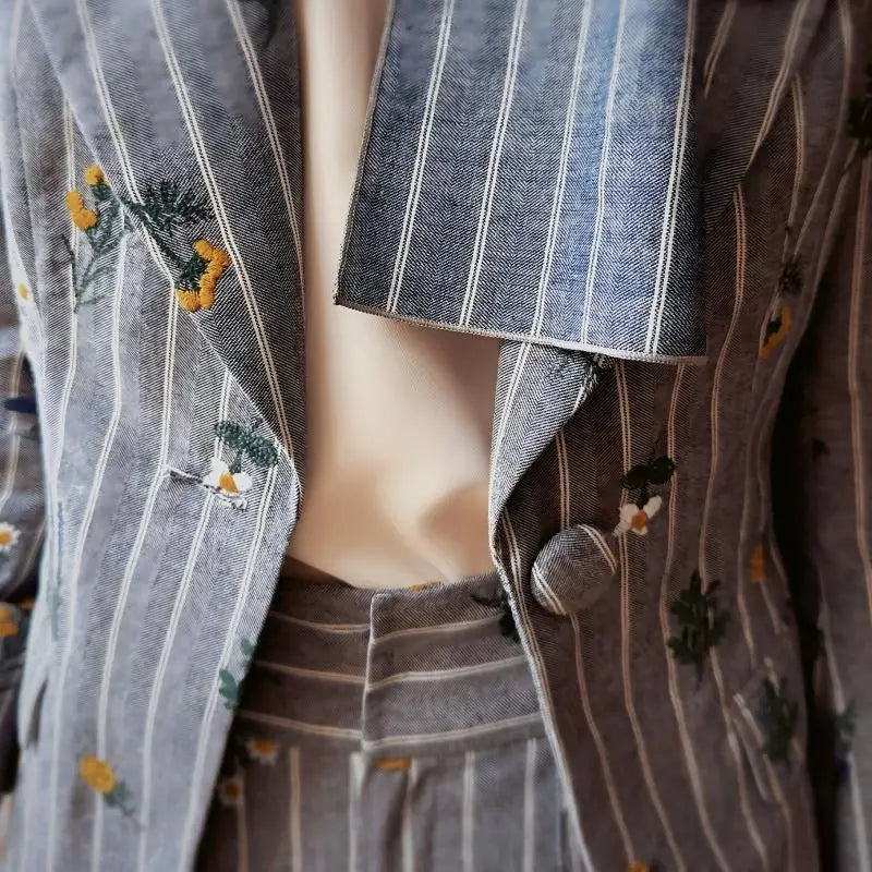 Urban Bohemian Chic Blue Striped Embroidered Blazer
