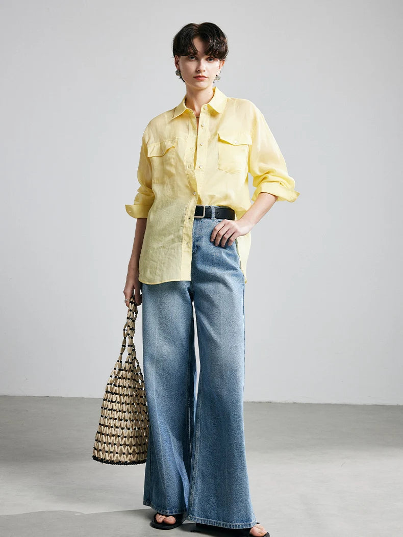100% Ramie Loose-Fit Blouse  -  Women's Turn-Down Collar Shirt with Double Chest Pockets - HER SHOP