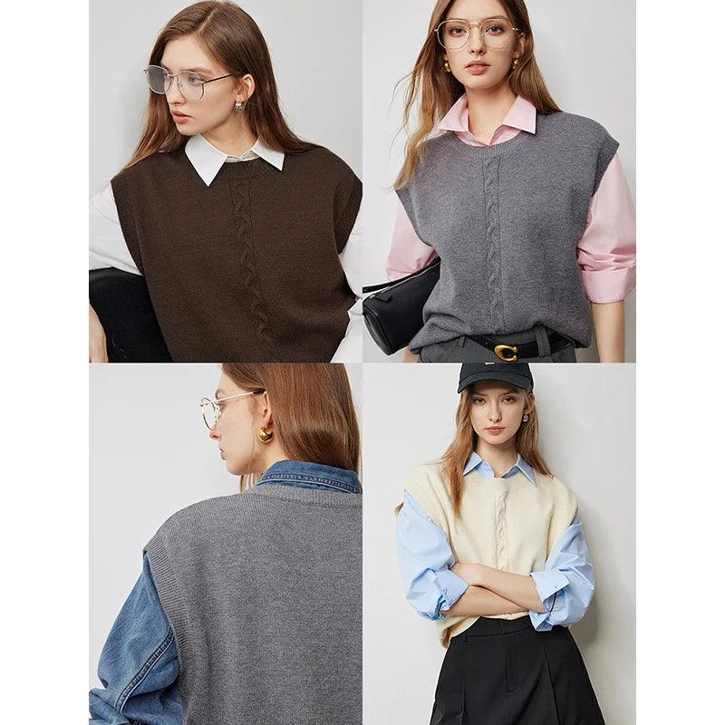 Women€™s Twisted Knit Sleeveless V-Neck Vest – Autumn Pullover Sweater Top