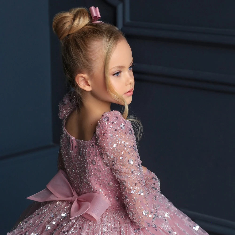 Elegant Pink Flower Girl Dress with Sequins A-Line Long Sleeve Christmas Princess Dress