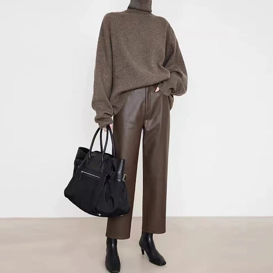 Genuine Sheepskin Leather Pants for Women Casual Loose Wide Leg Pants 2024 New Chic Lady Brown High Waist Ankle-Length Trousers - HER SHOP