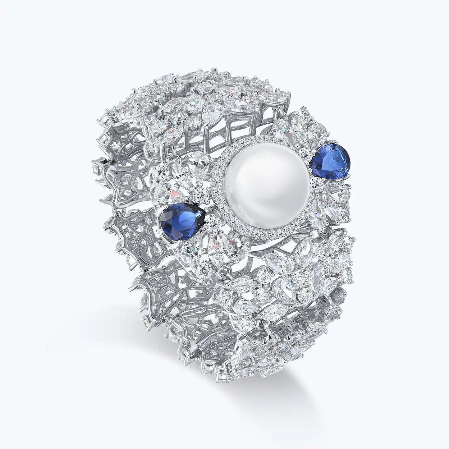 Luxury silver ring with pearl and sapphires, featuring wuha brand logo.