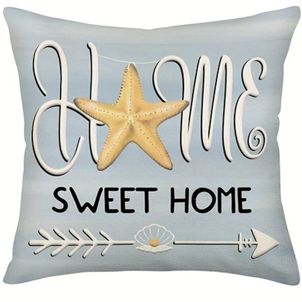 Decorative pillow with starfish, 'HOME SWEET HOME' text, and arrow design on a light blue background.