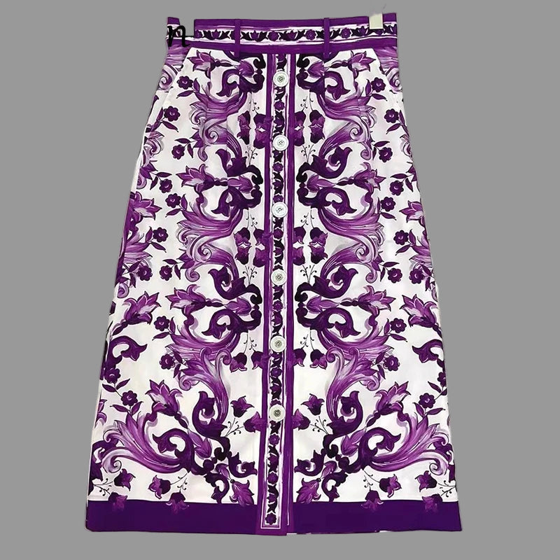 Purple and white patterned skirt on a gray marble background with 'Seifrmann' branding.