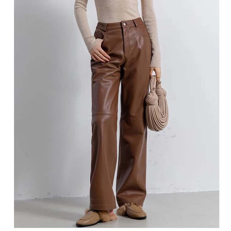 Leather Long Pants Women New Commuter Waist Slim Sheepskin Wide Leg Full Length Straight Cylinder Trousers