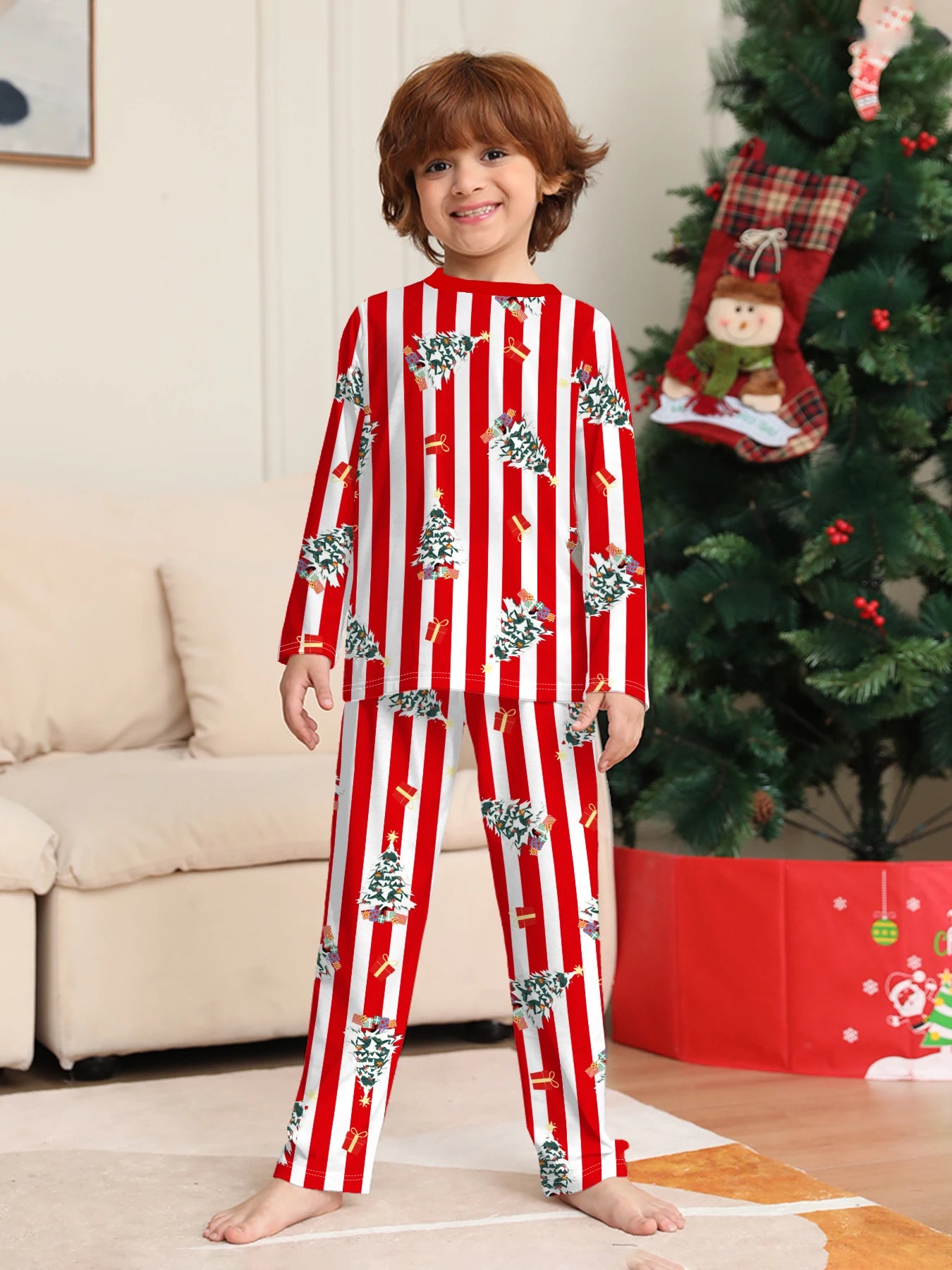 Family Matching Xmas Sleepwear - Red - White Striped Christmas Tree - Printed Pajamas