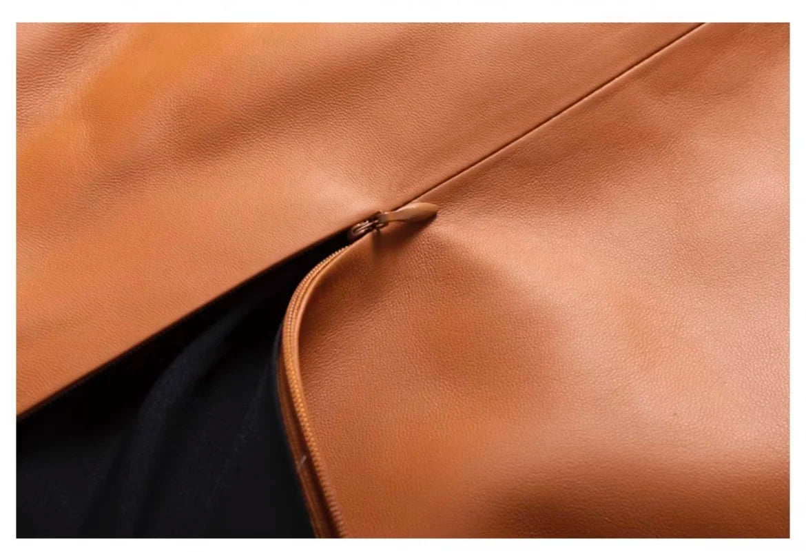 Fashion New Genuine Leather Office Lady for Women Sheepskin Elastic Waist Wrap Long Faldas Mujer Mid Length Front Slit Pocket