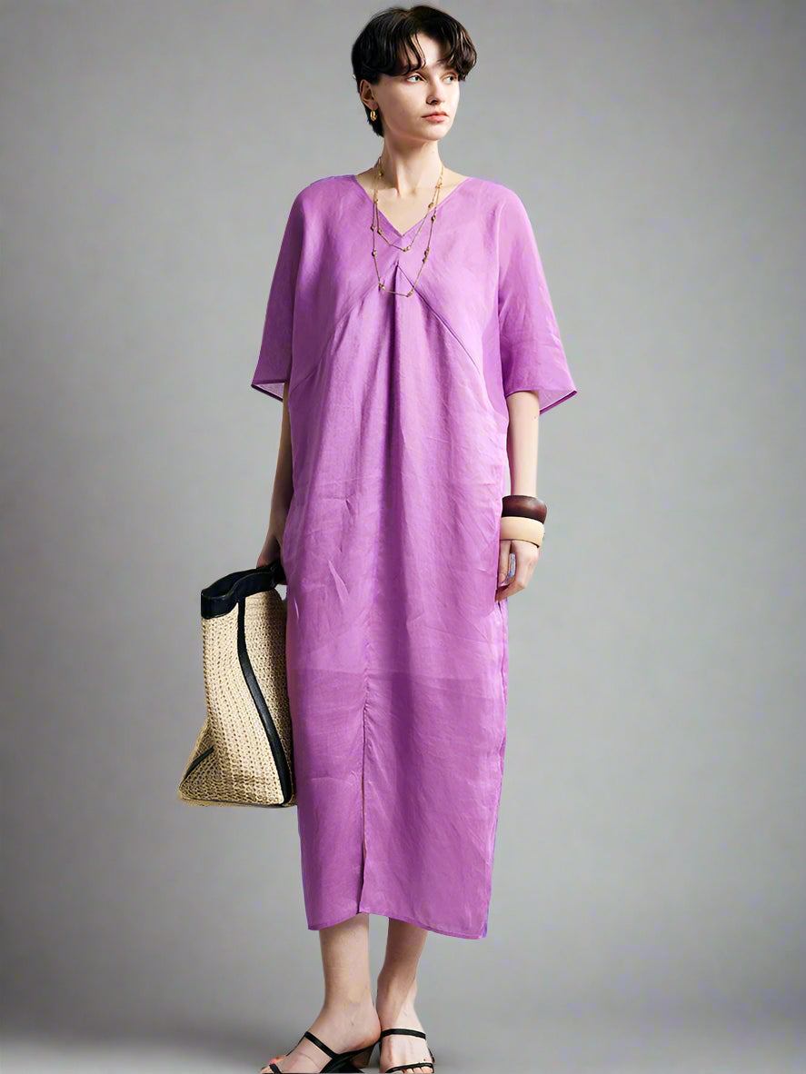 100% Ramie Maxi Dress – Women's V-Neck Solid Long Dress in Rose Purple | Spring/Summer 2025