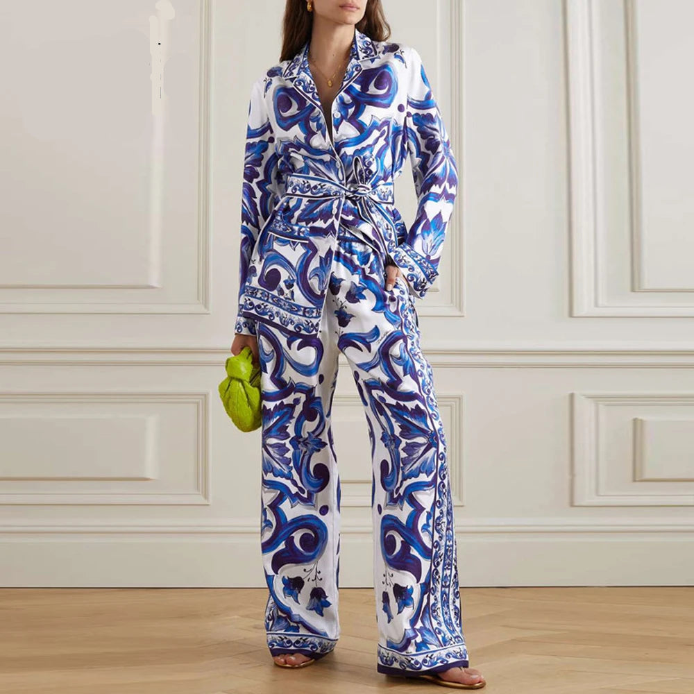 Gizelle High Street Runway Floral Print Notched Collar Blouse & Wide Leg Pants Fashion 2 Pieces Sets Women Chic Designer Outfits