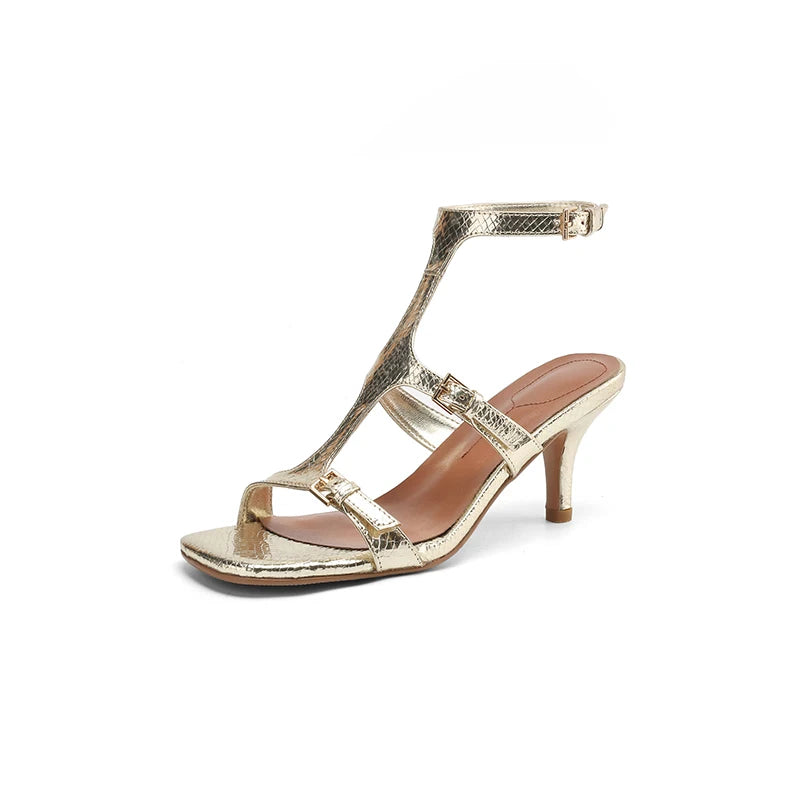 2025 Summer New Women Sandals Shoes High Heel Genuine Leather Sexy Round Toe Ankle Strap Party Shoes Pumps Buckle Wedding 34-42