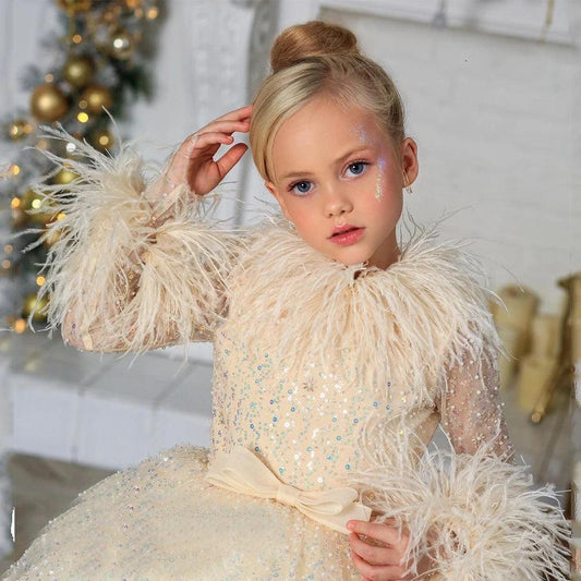 Sequined A-Line Flower Girl Dress with Full Sleeves, Fur Detailing, and Zipper Back - Festive Christmas Gown - HER SHOP®
