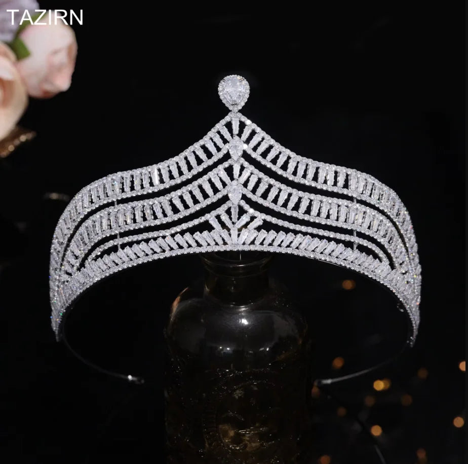 Tall Tiaras Cubic Zirconia Wedding Crowns Bridal Headwear Princess Corona Luxury Pageant Hair Jewelry Women Headpieces Best Gift