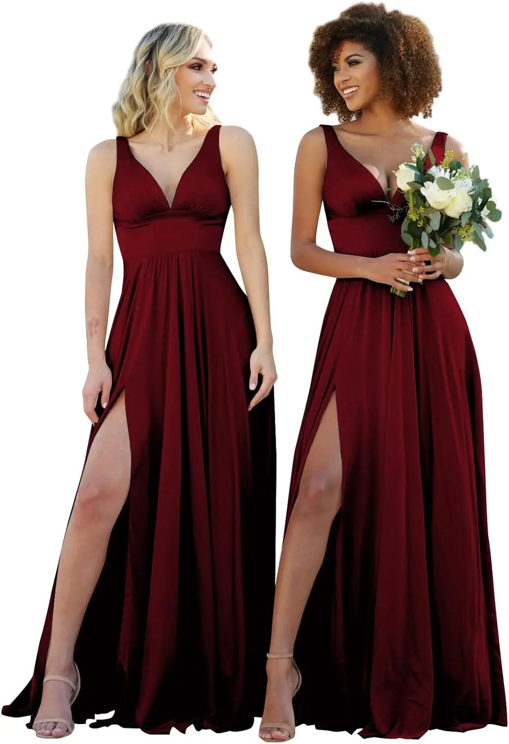 Champagne Gold Bridesmaid Dress – Elegant V-Neck Satin Chiffon Gown for Wedding, Prom & Formal Events